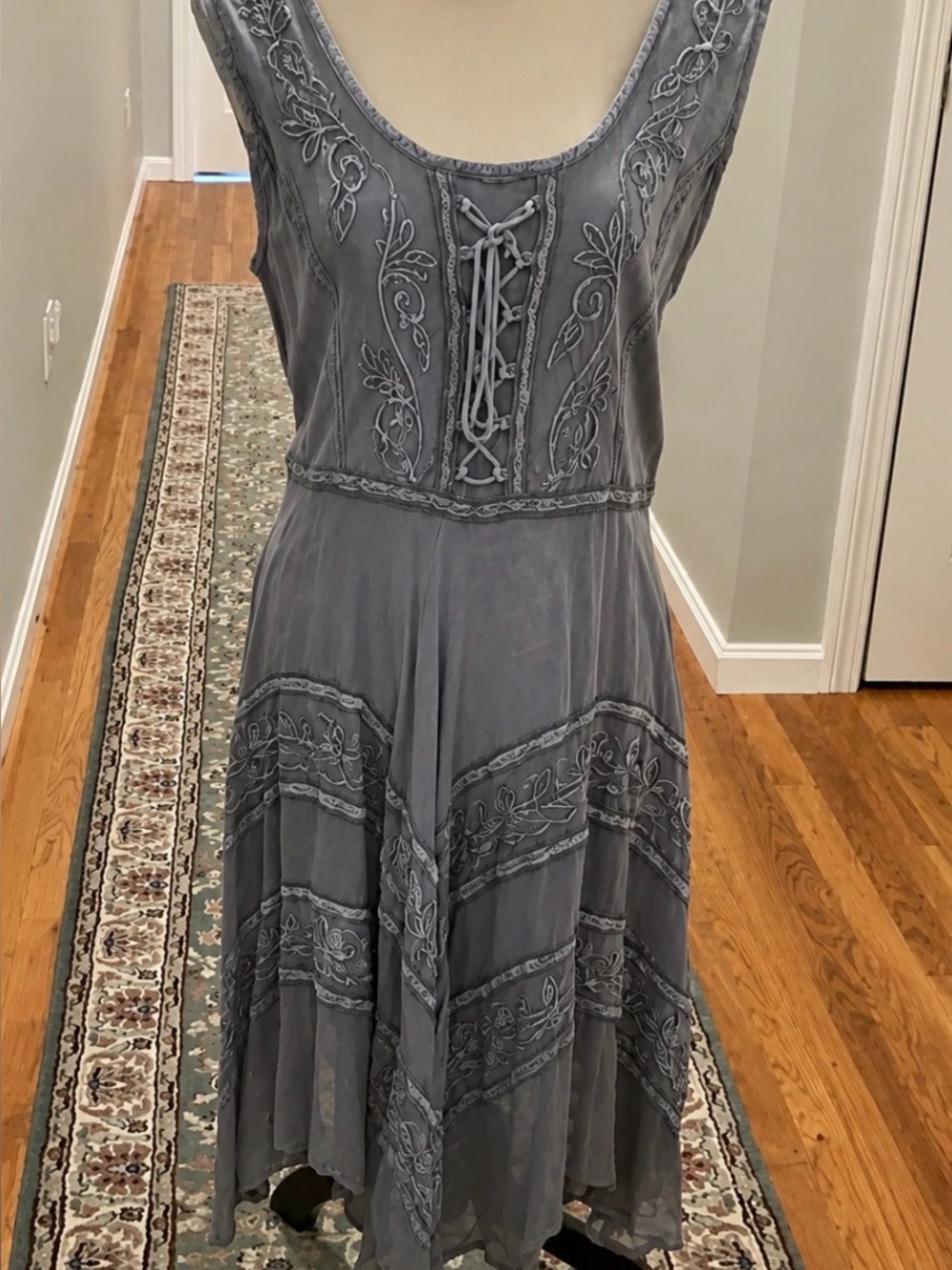BRAND NEW. Advance Apparels Gray Embroidered Lace-Up Scoop Dress. Sleeveless